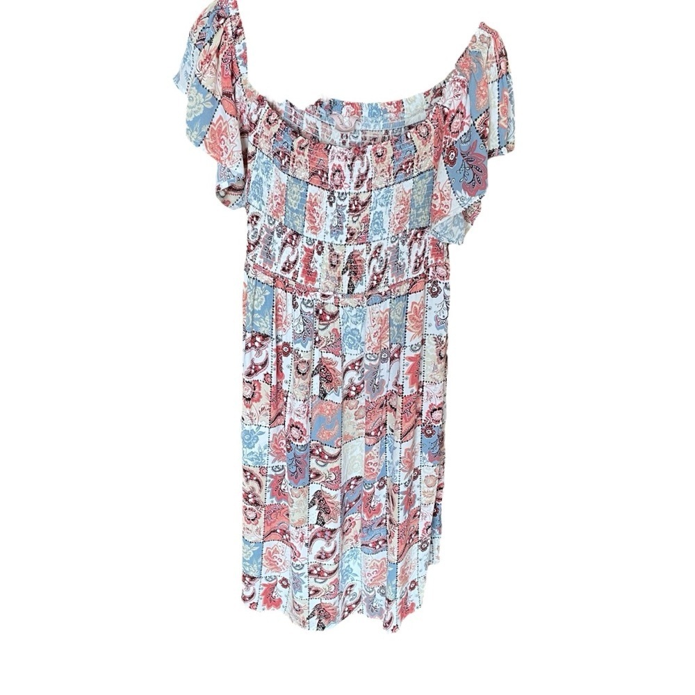 Boho Off-Shoulder Mini Dress in Pink & Blue